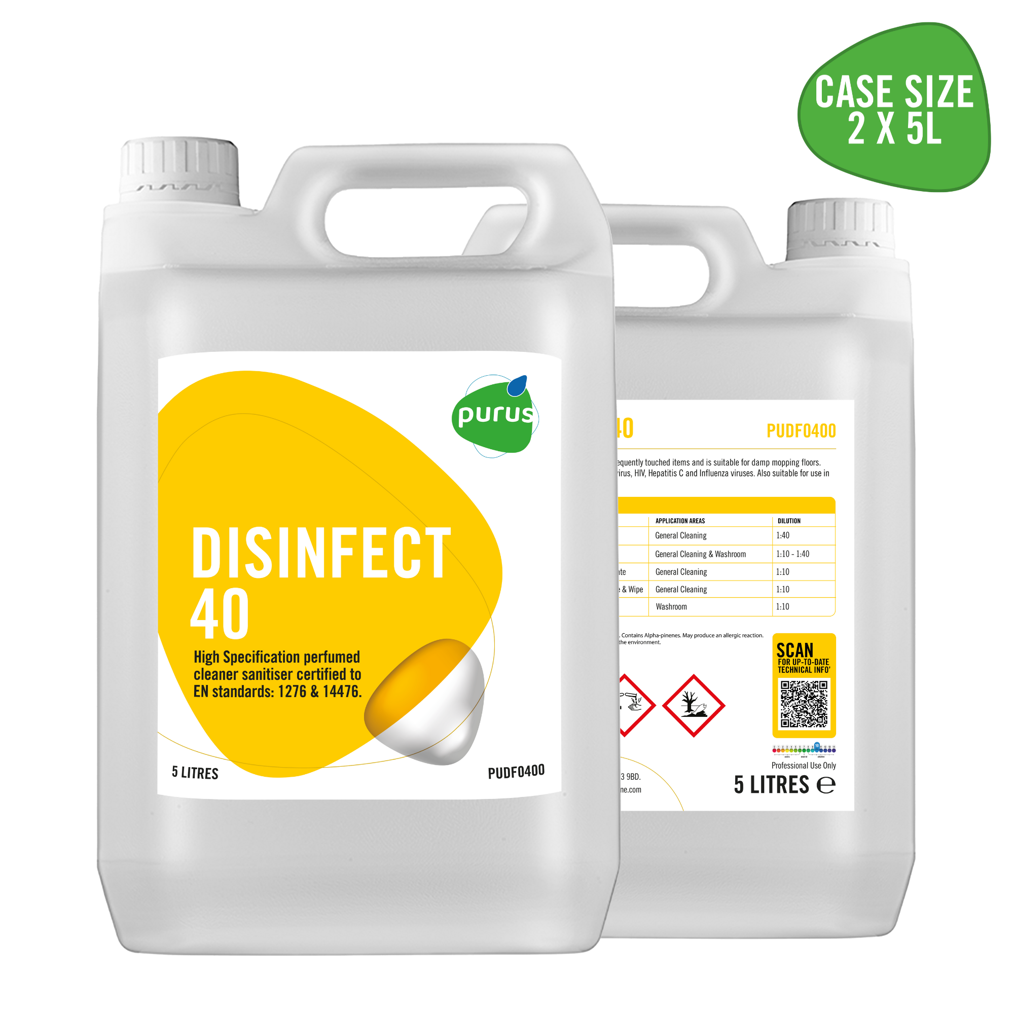 Purus Disinfect 40 | Perfumed Bactericidal & Virucidal Cleaner | 2 x 5 Ltr