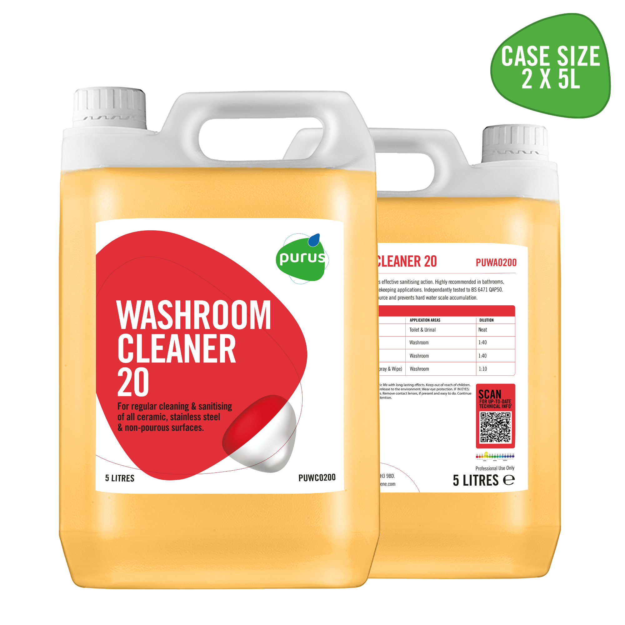 Purus Washroom Cleaner 20 | Perfumed All Round Cleaner & Disinfectant  - 2 x 5L