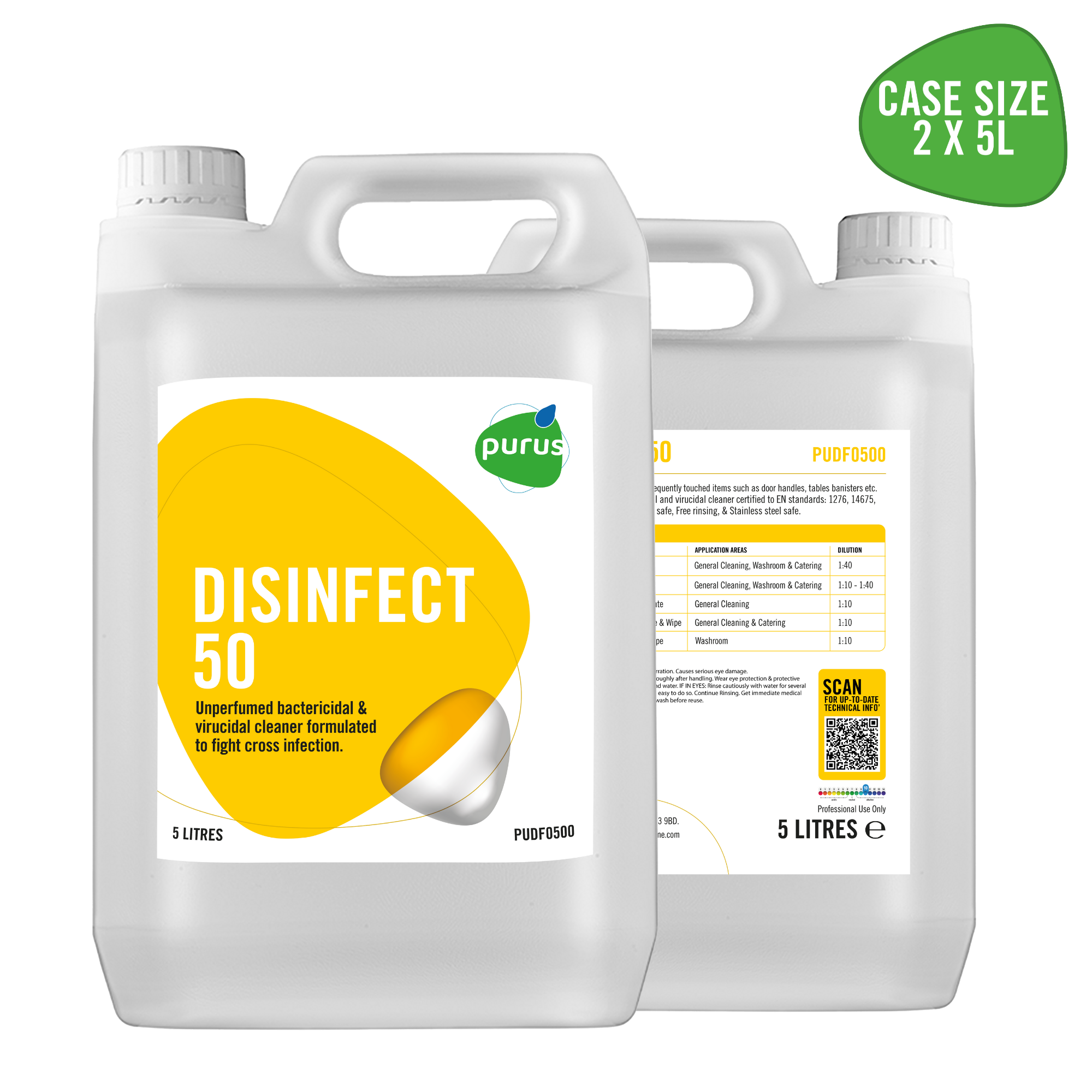 Purus Disinfect 50 | Unperfumed Bactericidal & Virucidal Cleaner - 2 x 5 Ltr