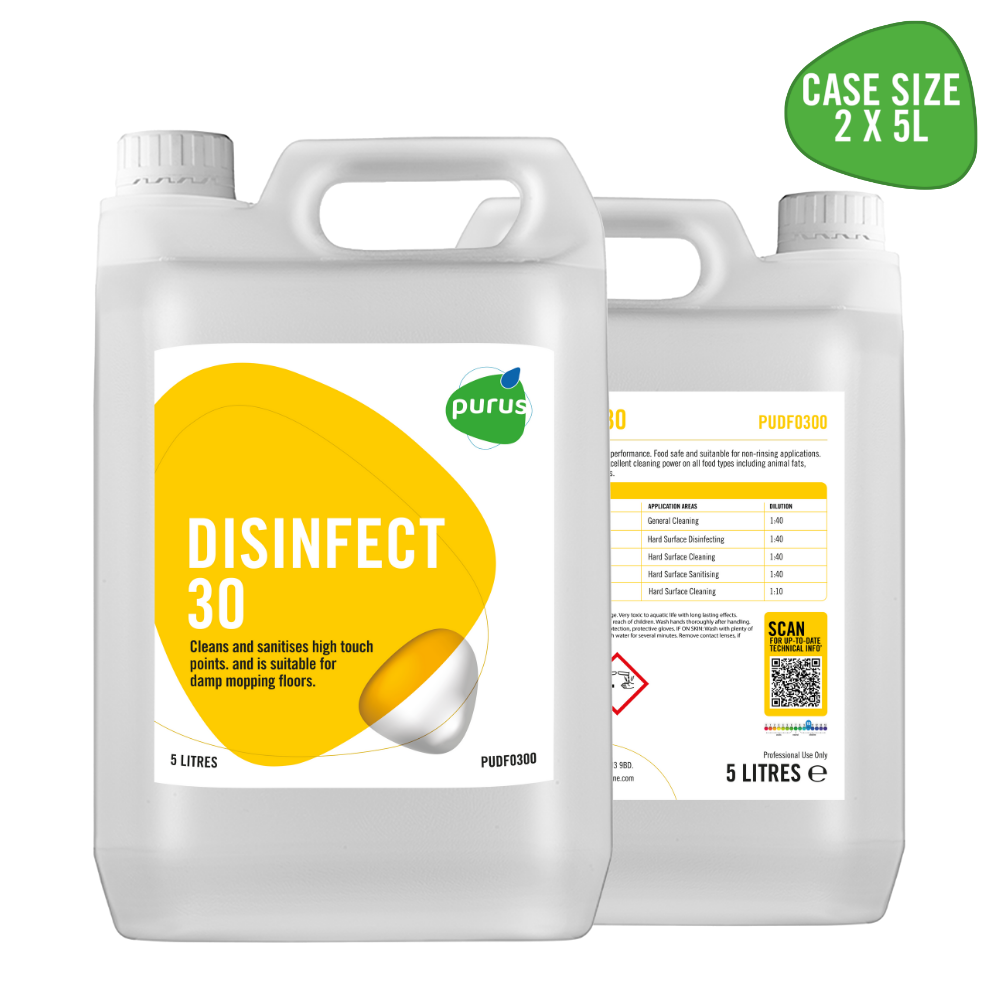 Purus Disinfect 30 | Unperfumed Bactericidal Cleaner & Disinfectant  - 2 x 5 Ltr