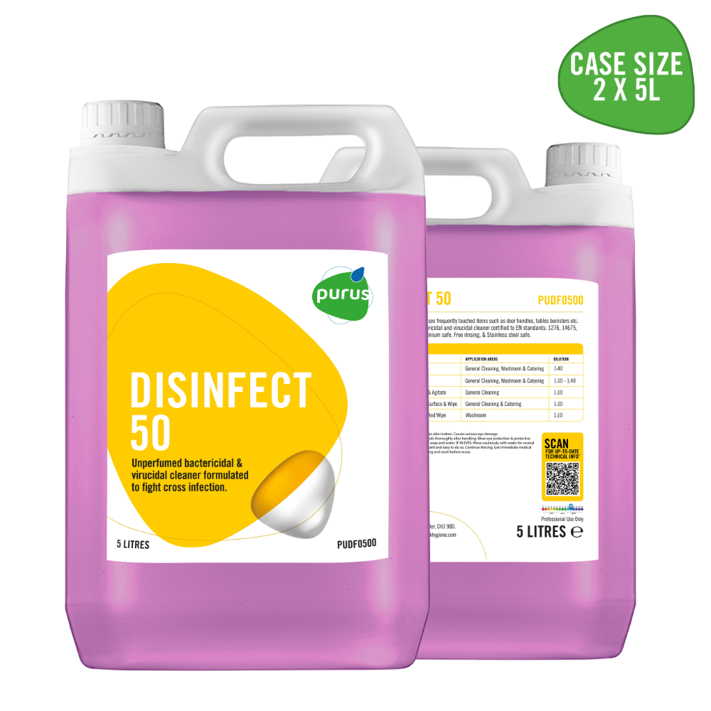 Purus Disinfect 50 | Unperfumed Bactericidal & Virucidal Cleaner - 2 x 5 Ltr
