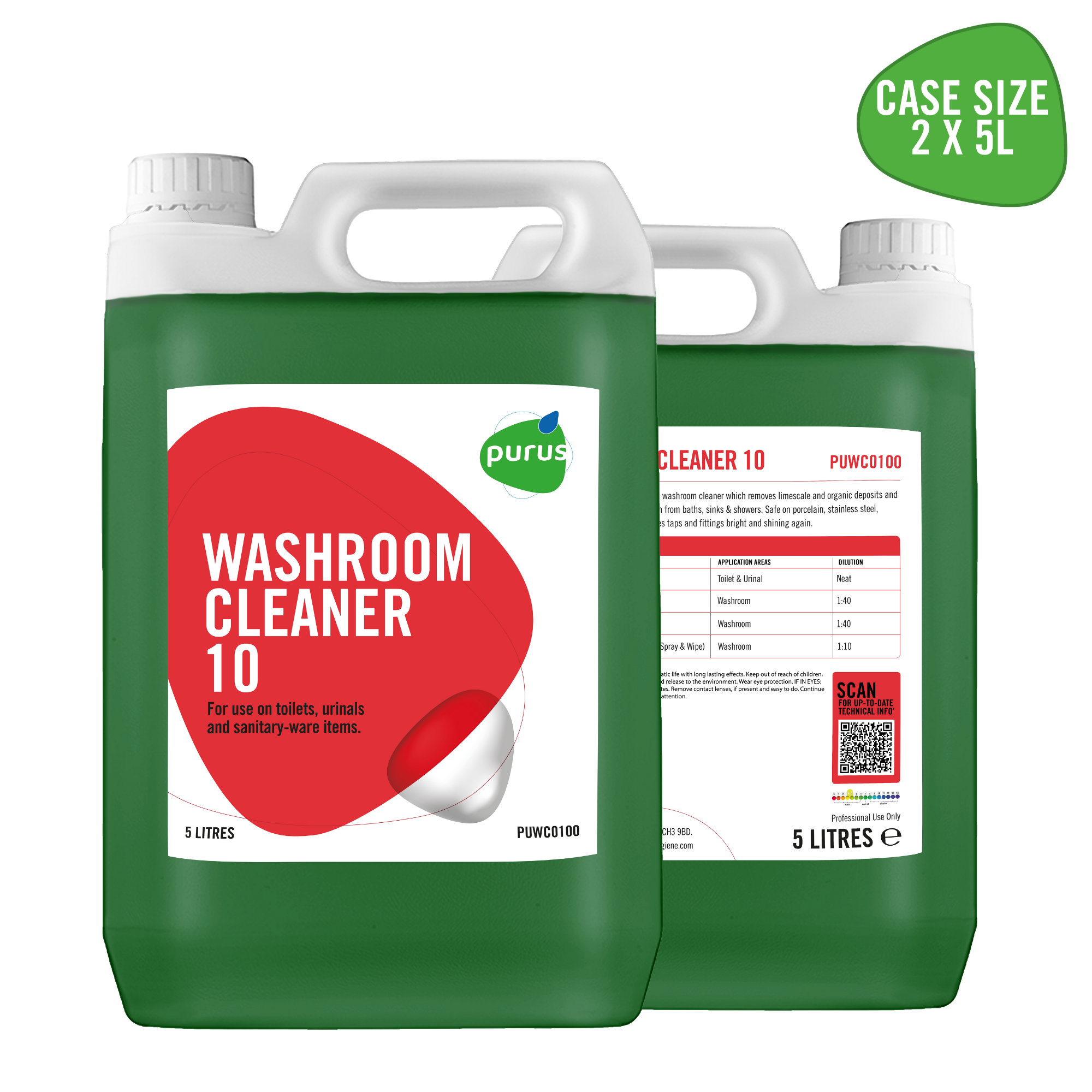 Purus Washroom Cleaner 10 | Perfumed All Round Washroom Cleaner & Sanitiser  - 2 x 5L