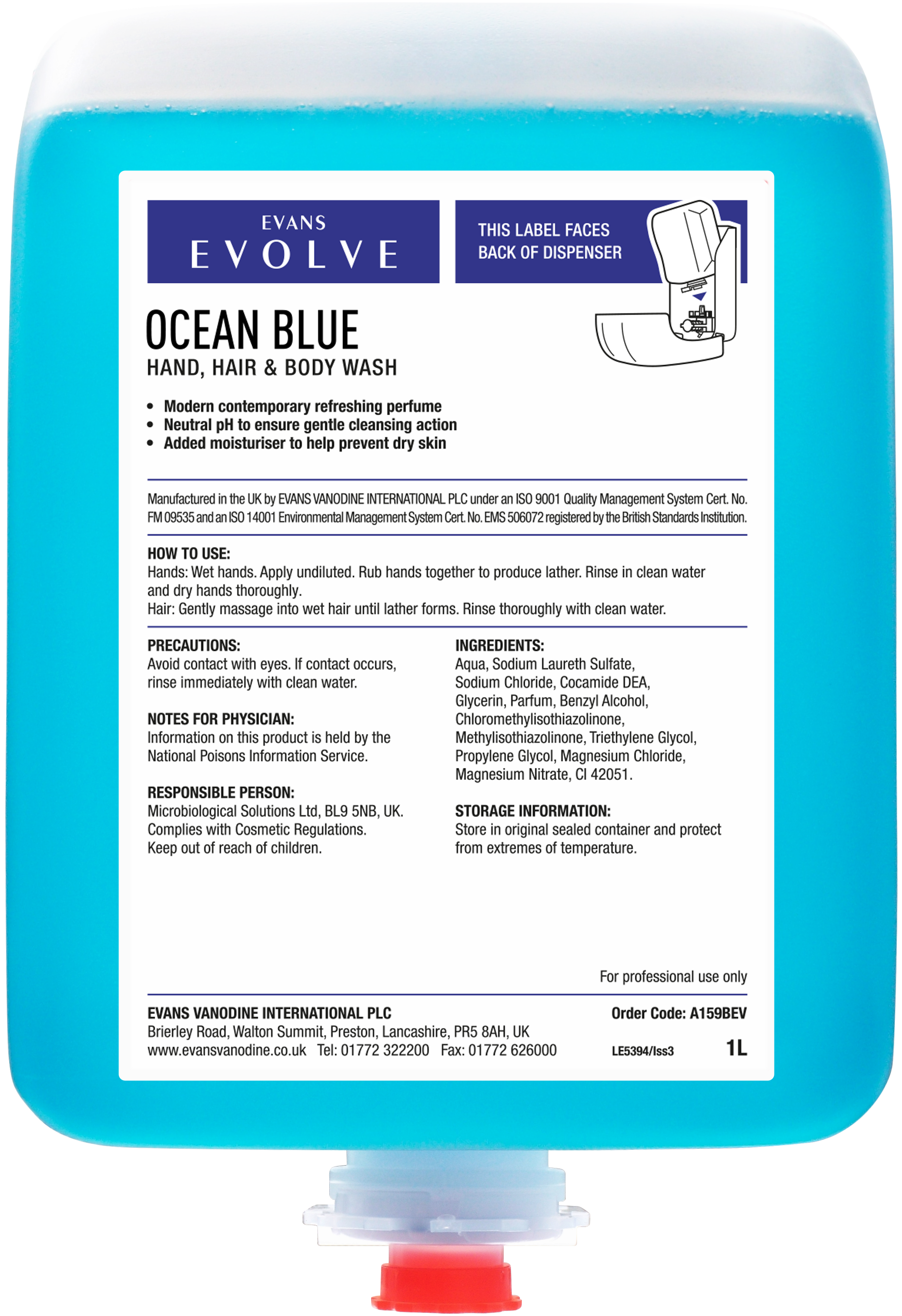 Evans Ocean Blue - Hand, Hair & Body Wash 1 Ltr